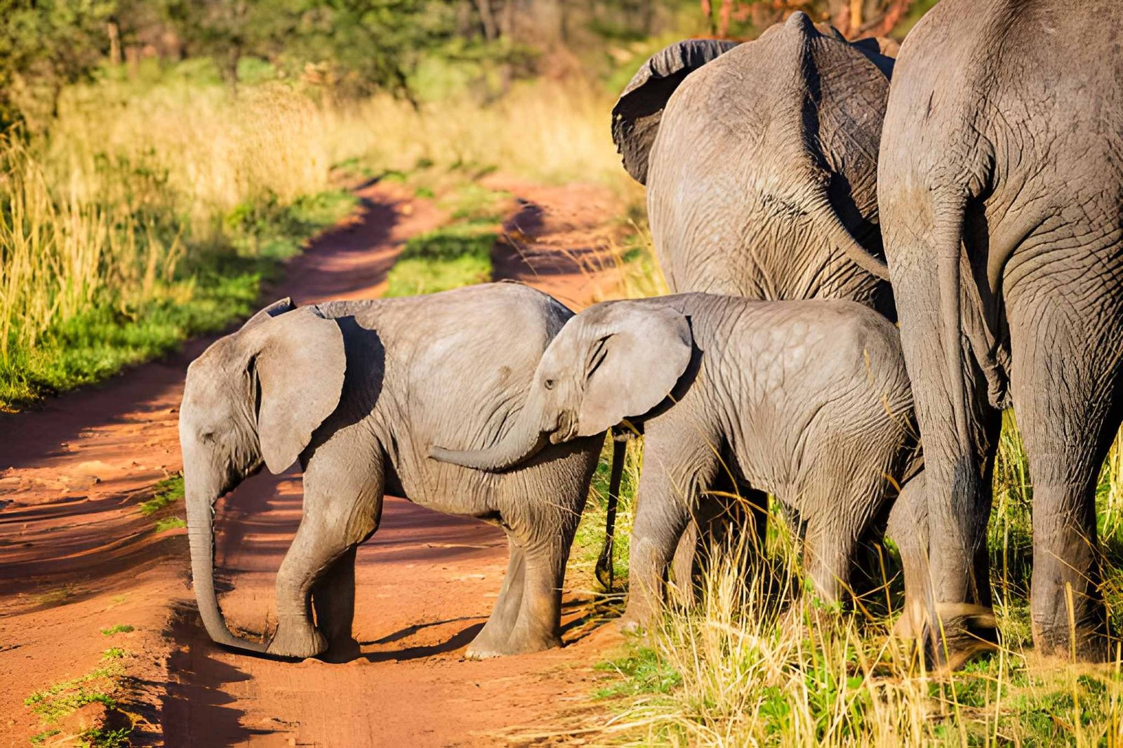 A small elephant herd walking through woodland.