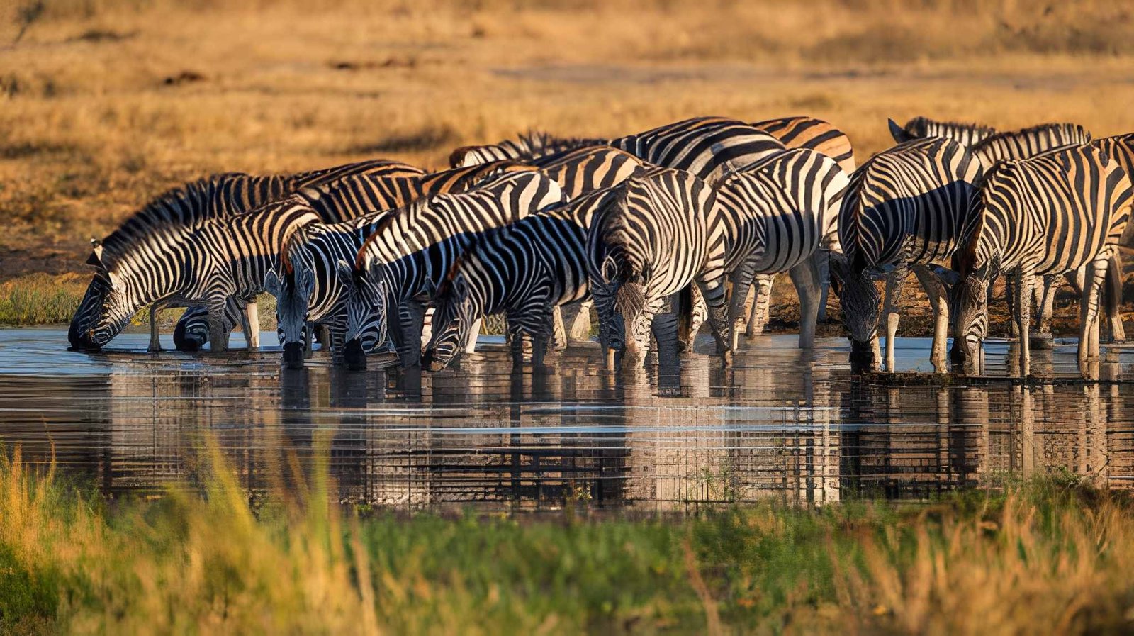 Zebras standing together at a waterhole.
